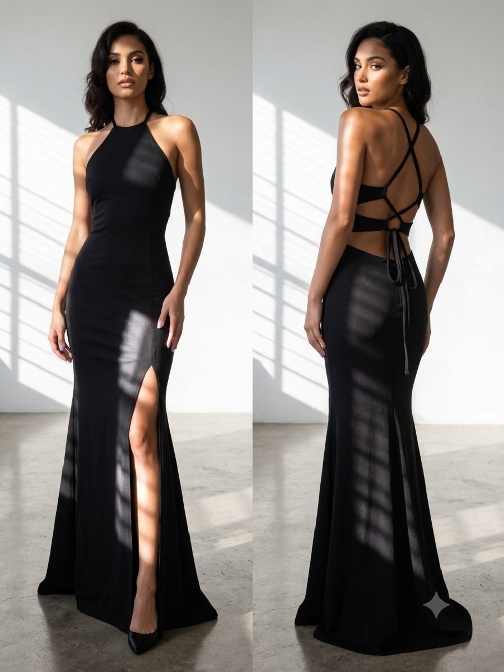Nox Anabel Black Cross-Back Cutout Maxi Gown High Slit XS - Like New
